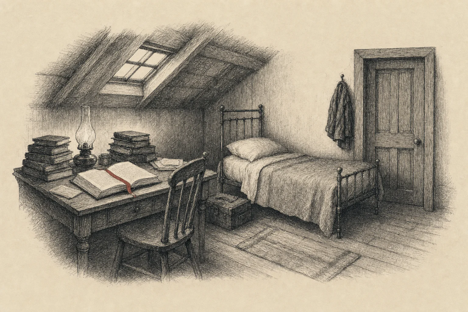 Une chambre mansardée, un bureau chargé de livres sous une lampe voilée, la porte fermée