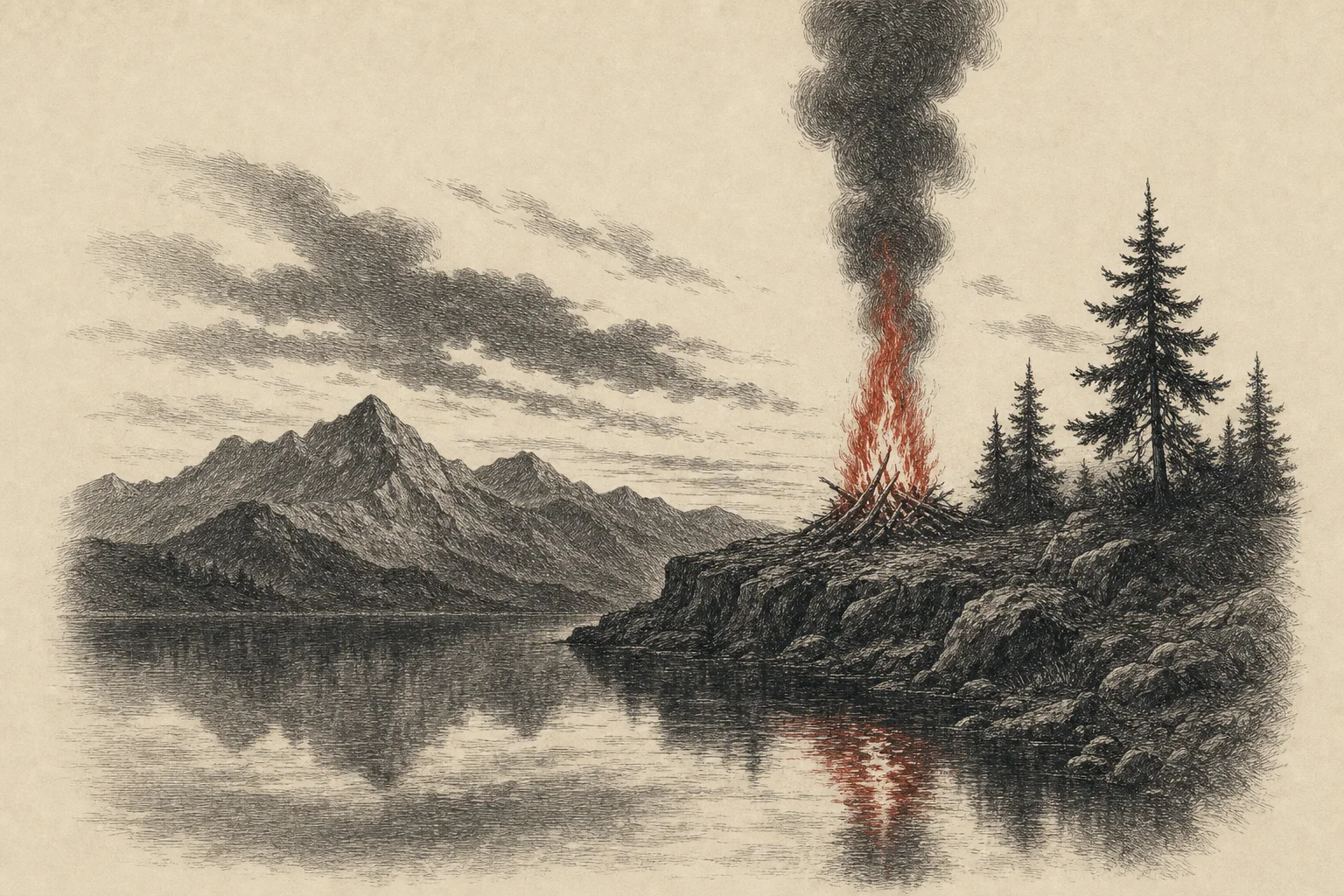 Un feu brûle sur un rocher au-dessus d'un lac immobile, sa flamme reflétée dans l'eau sombre