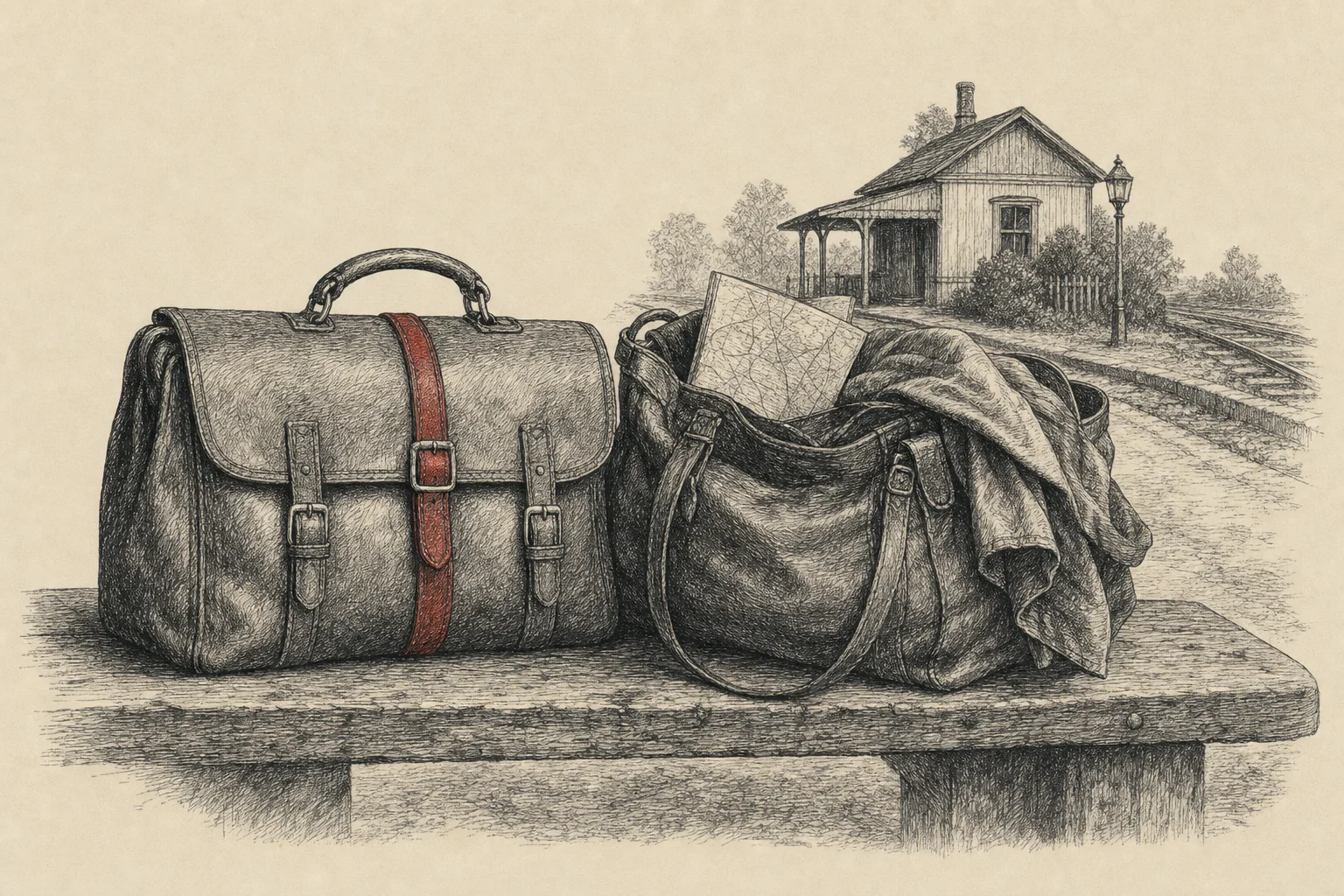 Deux sacs de voyage côte à côte sur un banc de gare, l'un bien bouclé, l'autre débordant