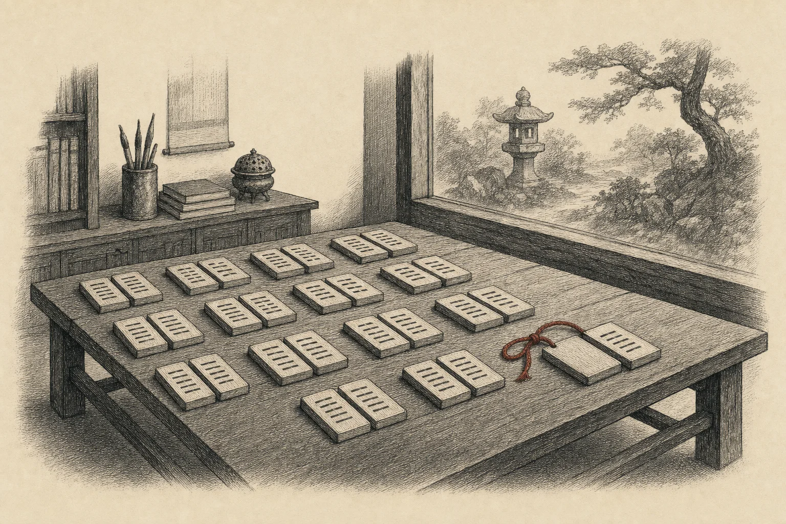 Des tablettes de bois rangées par paires sur une longue table, chacune marquée de six traits