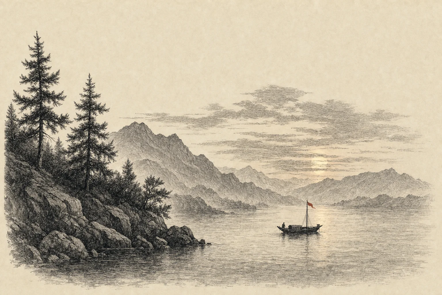Une barque au milieu d'un large fleuve au crépuscule, encore loin de l'autre rive