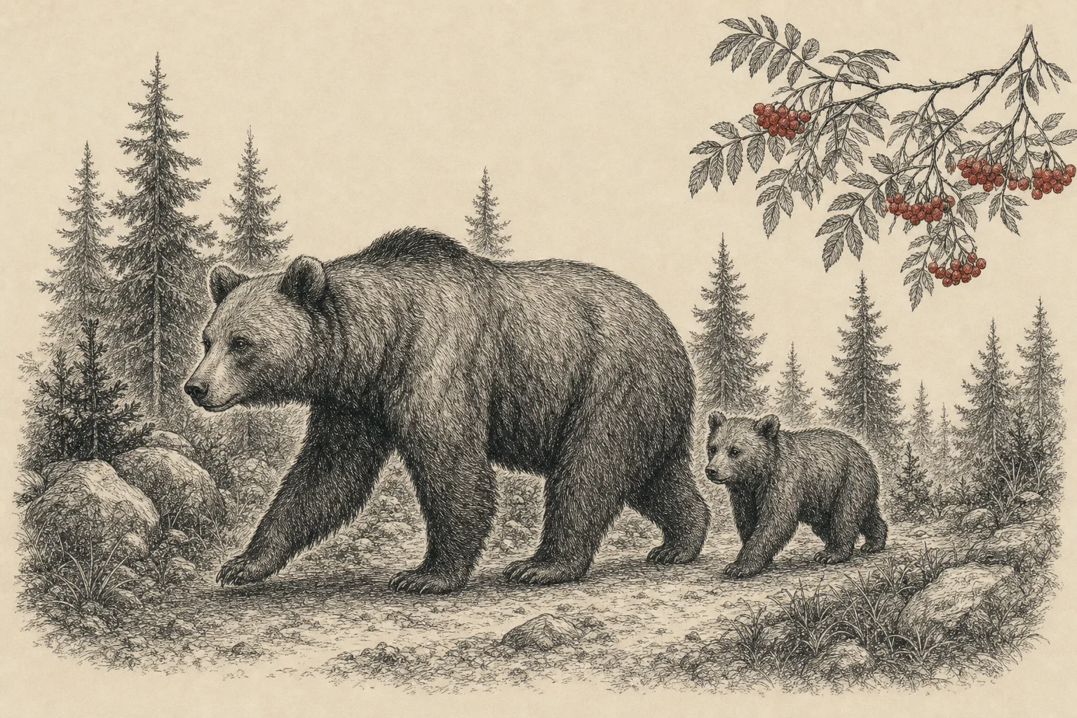 Une ourse et son petit sur un sentier forestier, sous une branche de sorbier