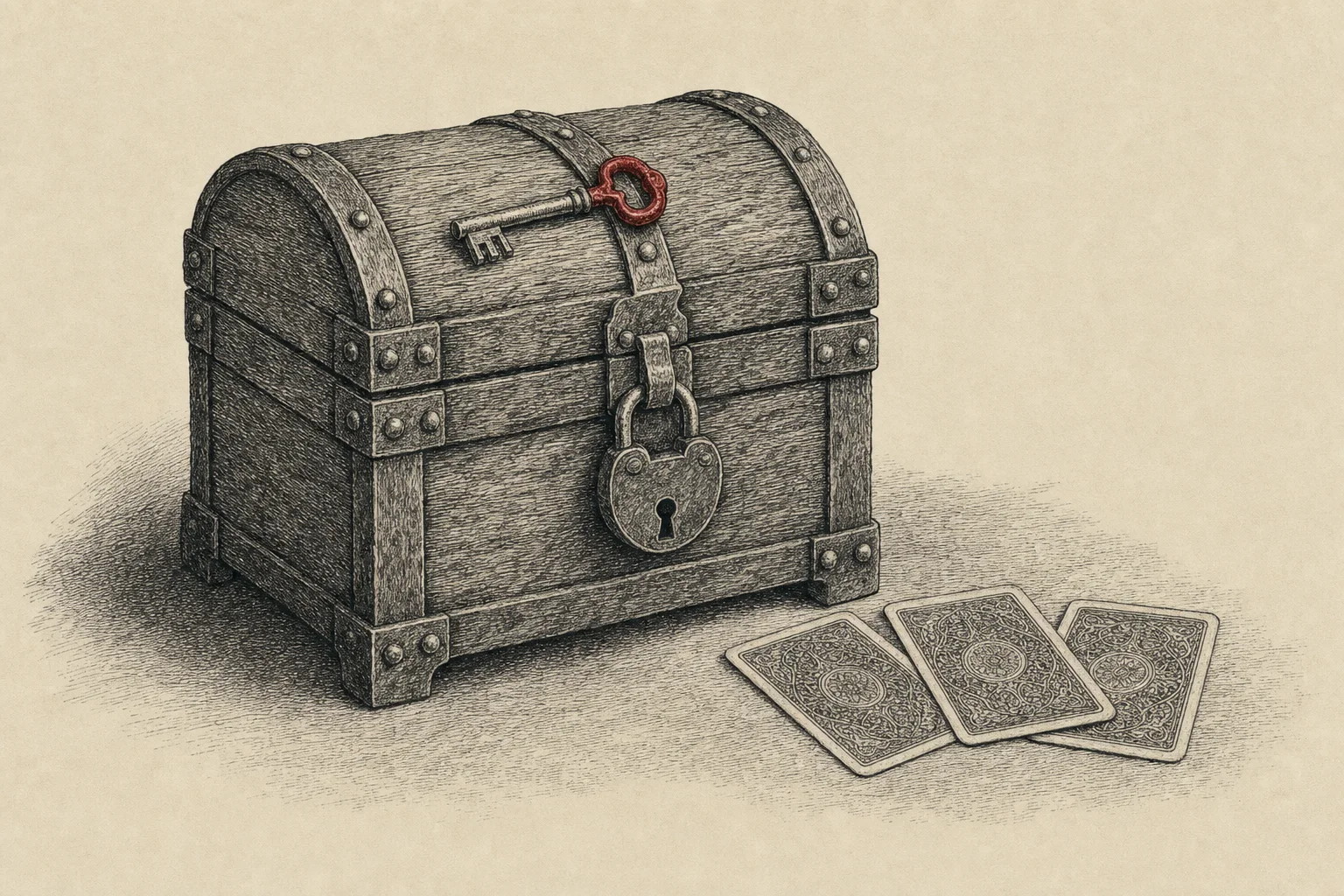 Un coffre de chêne cerclé de fer, fermé par un cadenas, à côté de trois cartes retournées