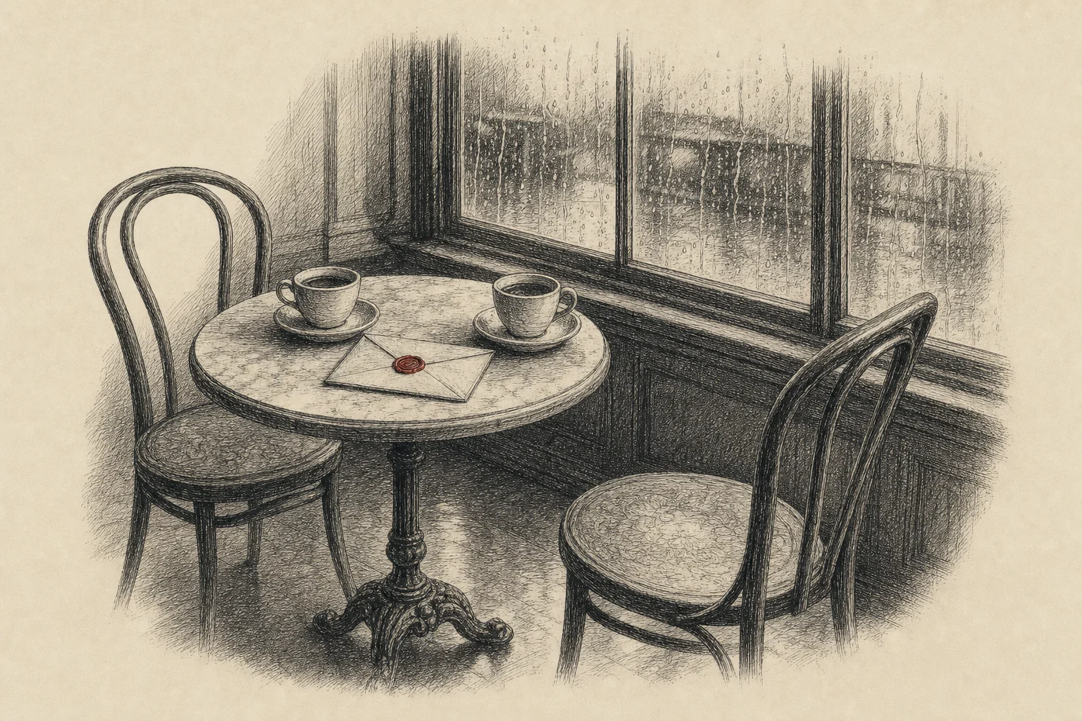 Deux tasses face à face sur une table de café, une chaise reculée, une lettre pliée entre elles