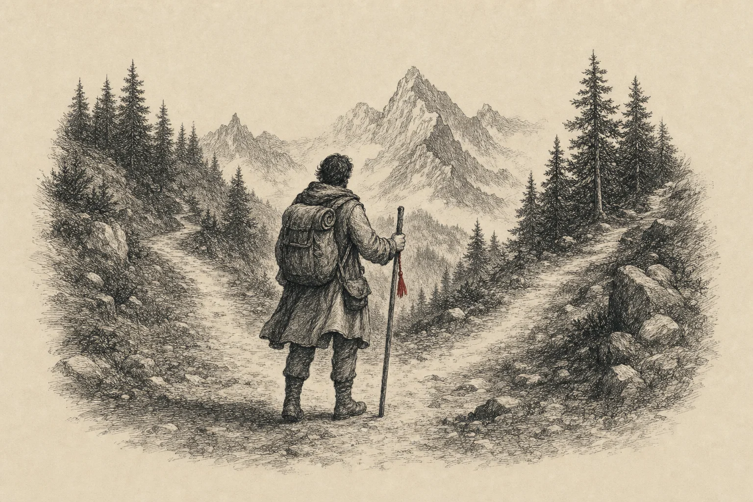 Un voyageur de dos, appuyé sur son bâton, à la croisée de deux sentiers de montagne