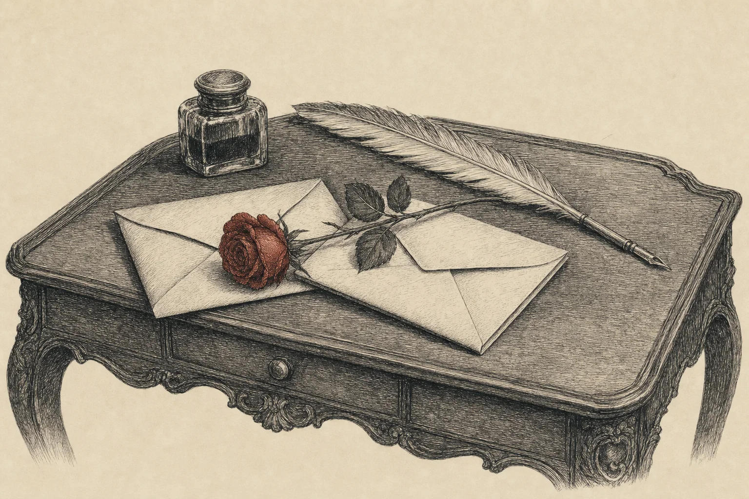 Deux lettres pliées sur un petit secrétaire, une rose posée en travers