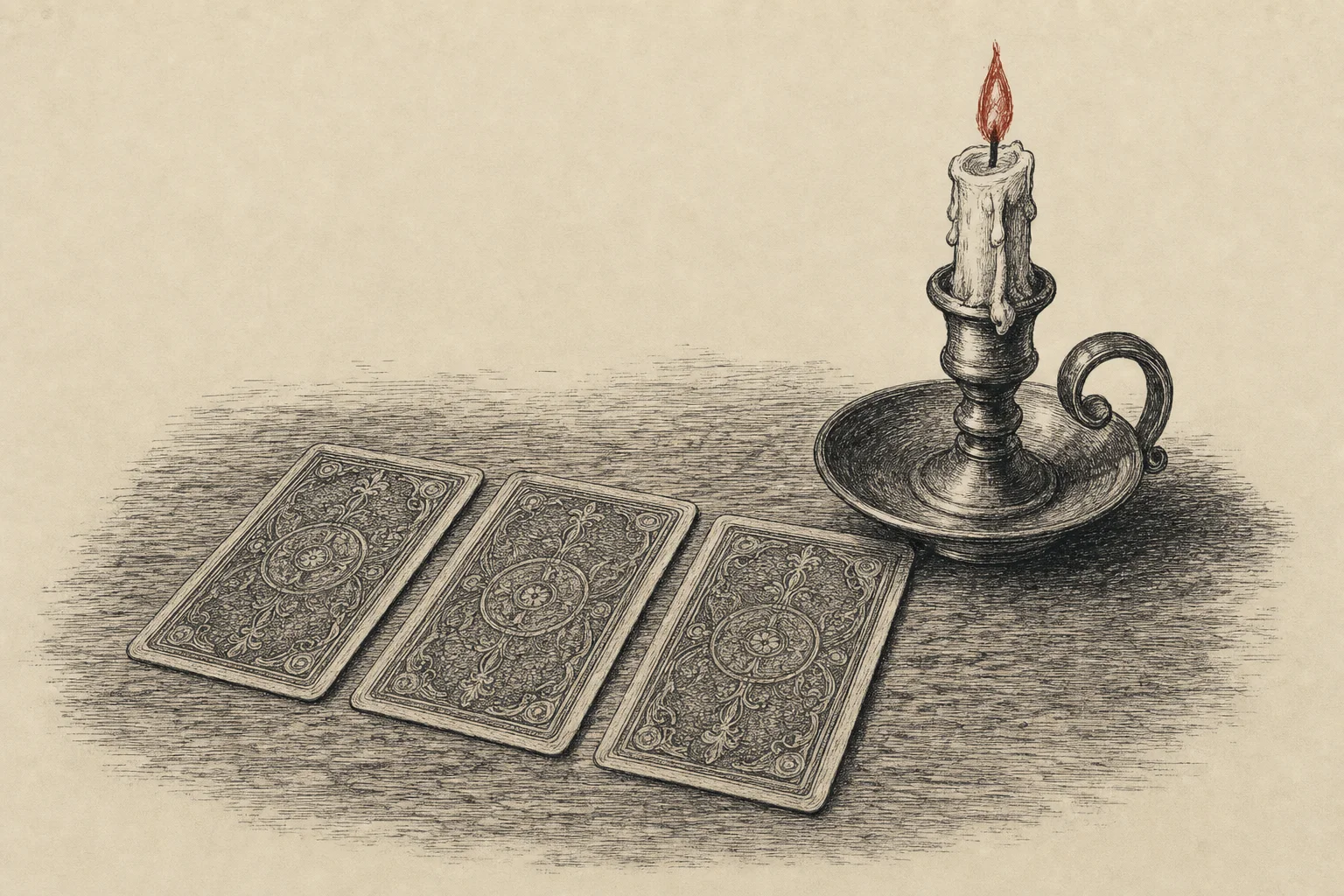 Trois cartes posées en ligne sur une table, à côté d'une bougie allumée