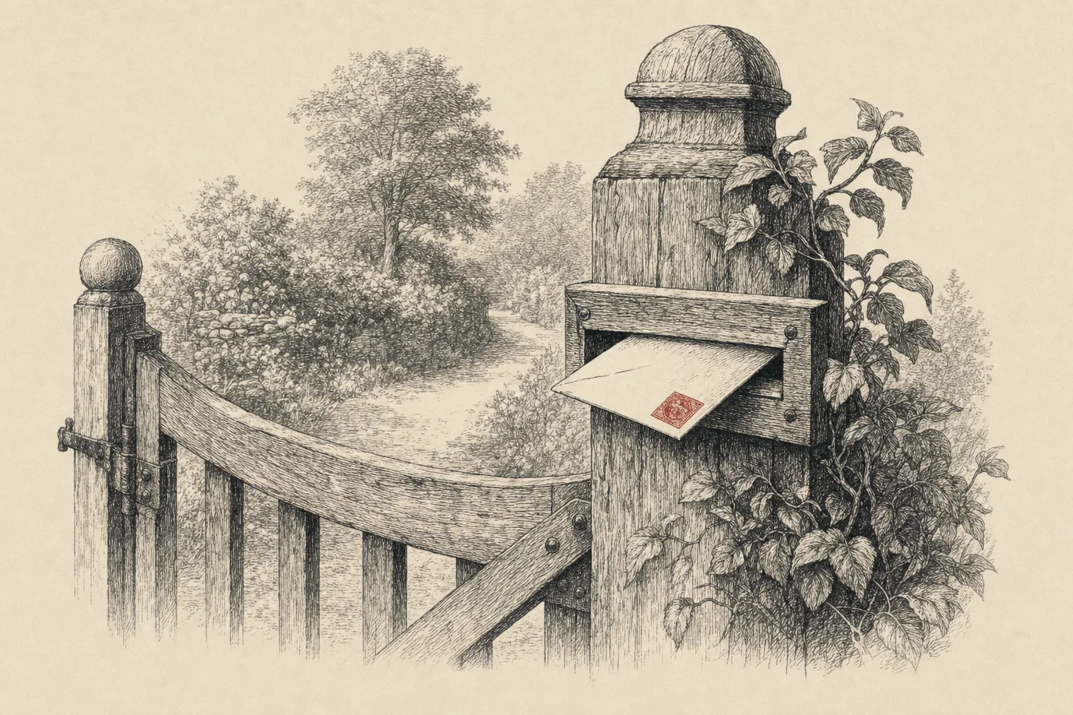 Une enveloppe cachetée glissée dans la fente d'une boîte aux lettres, sur un portail de jardin