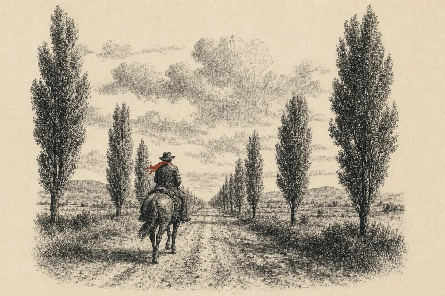 Un cavalier vu de dos sur une route de campagne bordée de peupliers