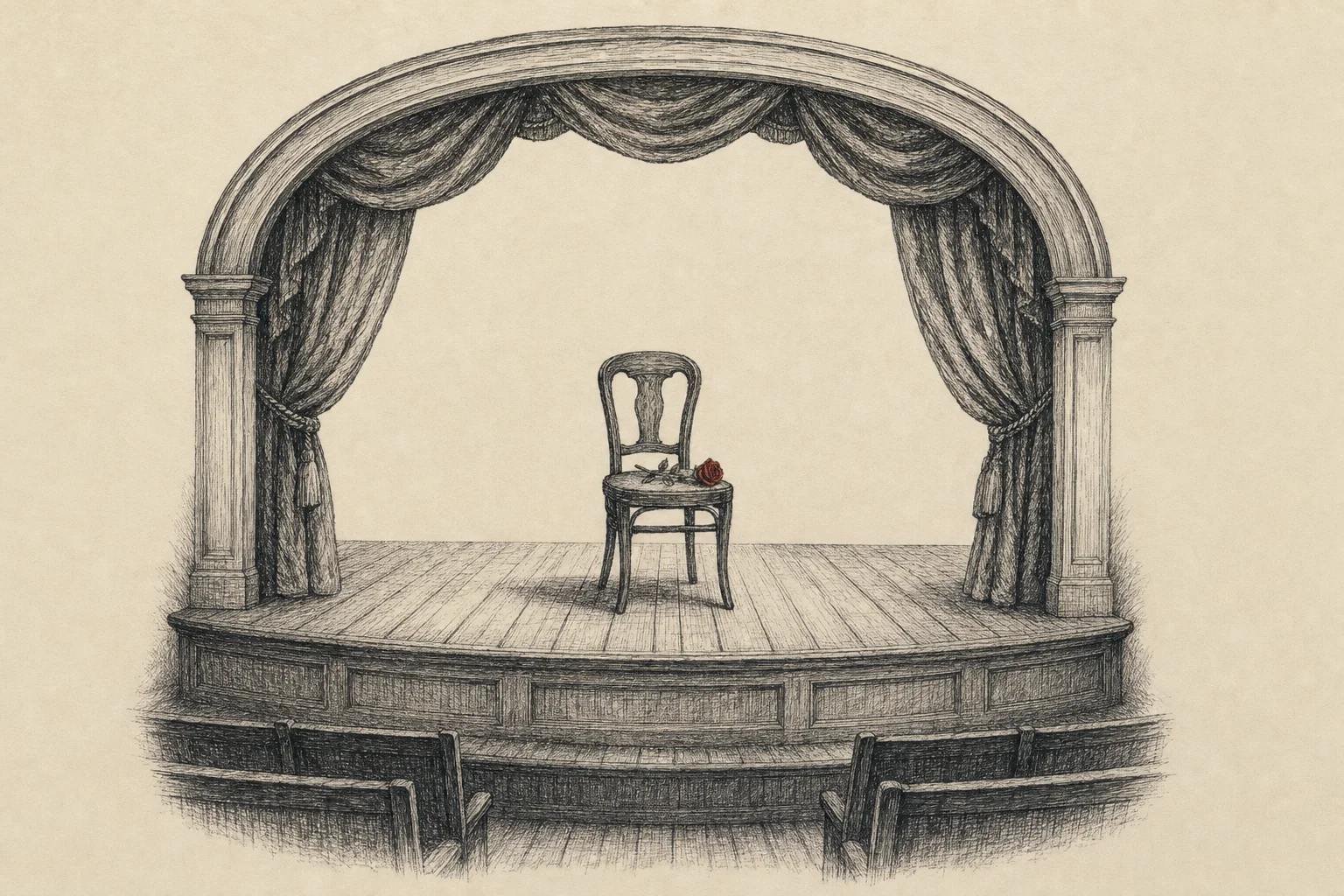 Une petite scène de théâtre vide, une chaise posée au centre des planches