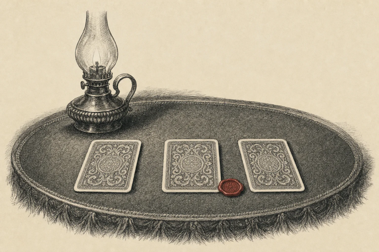 Trois cartes posées face cachée en ligne sur un tapis de jeu, sous une lampe à huile
