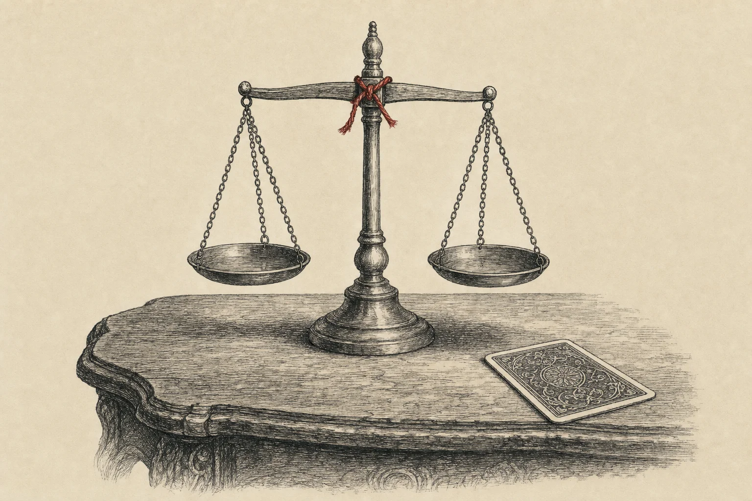 Une petite balance de cuivre aux plateaux à l'équilibre, une carte posée face cachée à côté