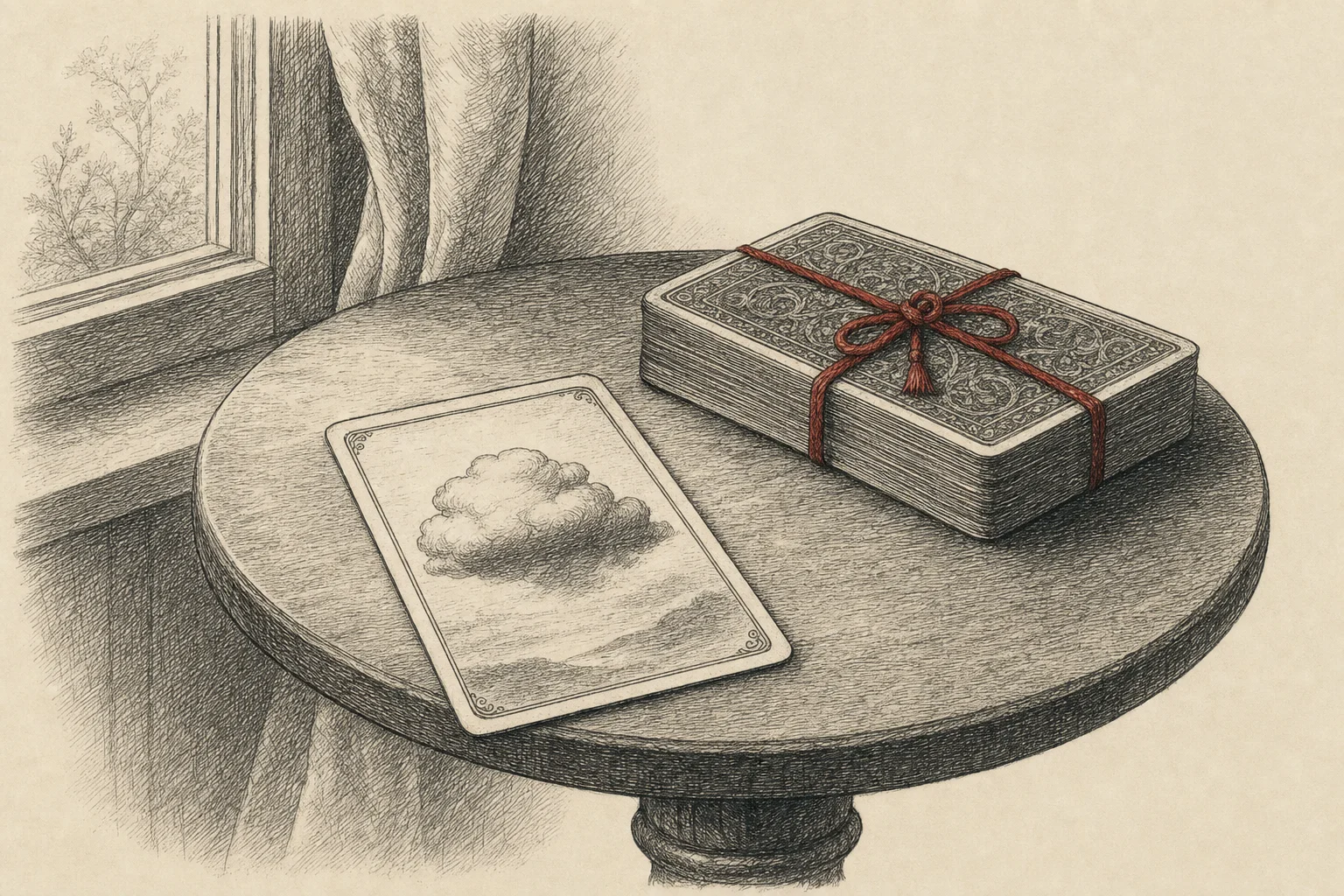 Une carte retournée sur un nuage, devant un paquet de cartes fermé par un cordon