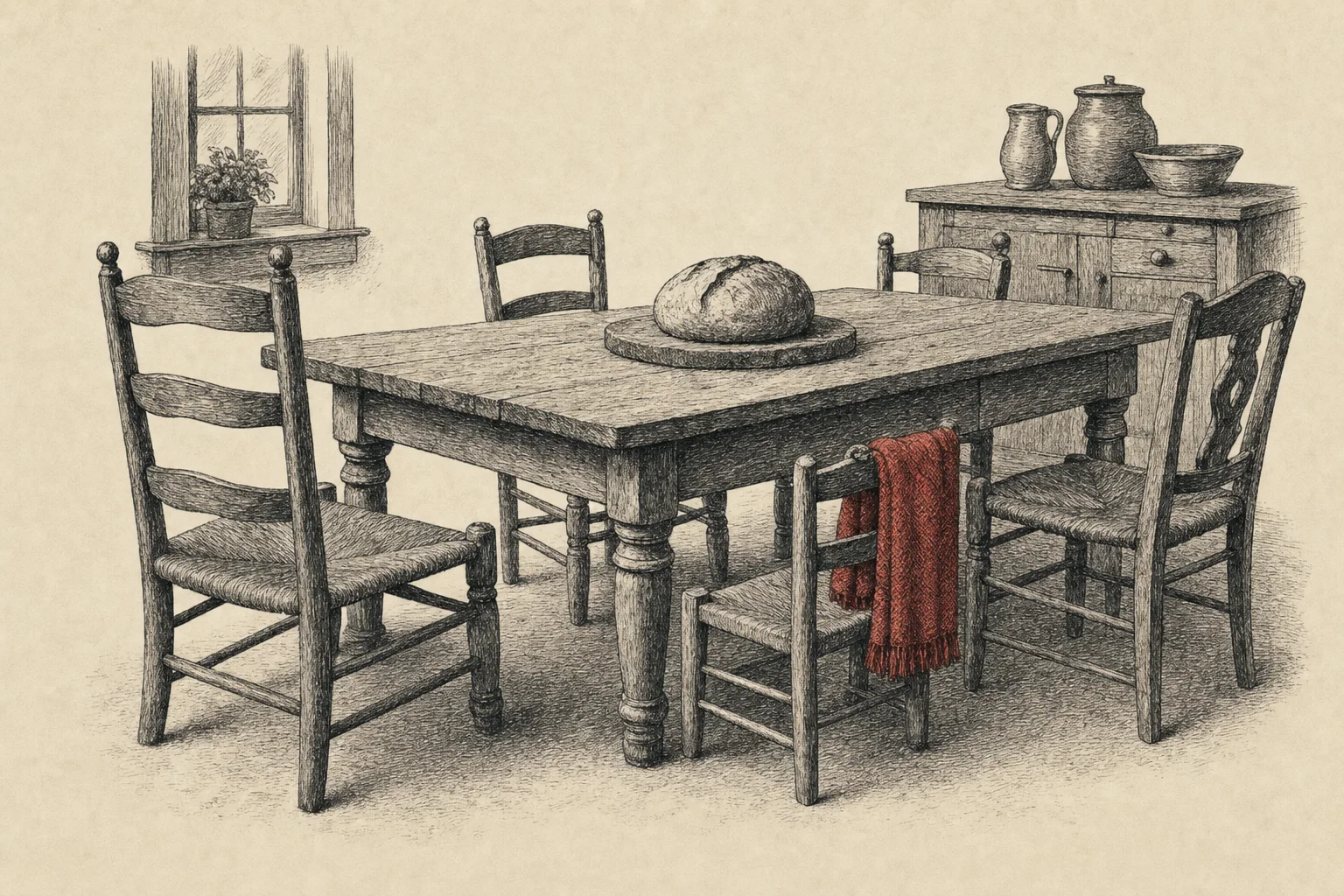 Une longue table de famille dans une cuisine de ferme, entourée de chaises de tailles différentes