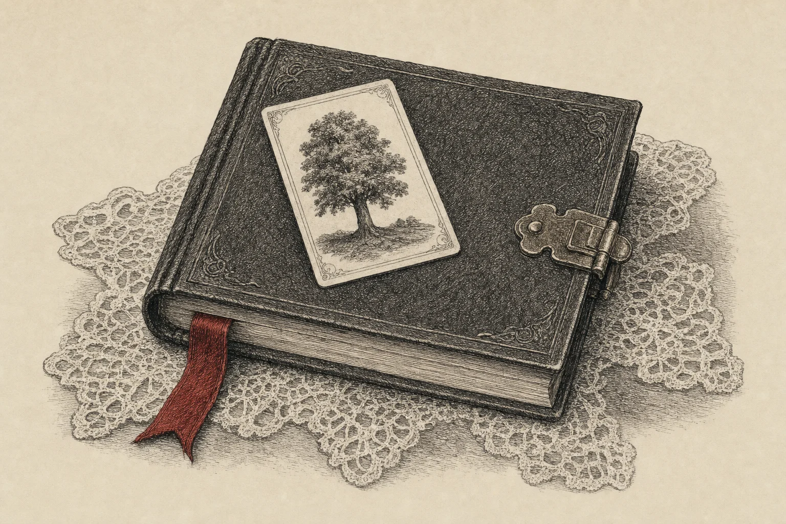 Un album de famille fermé sur une nappe de dentelle, une carte posée dessus, retournée sur un arbre