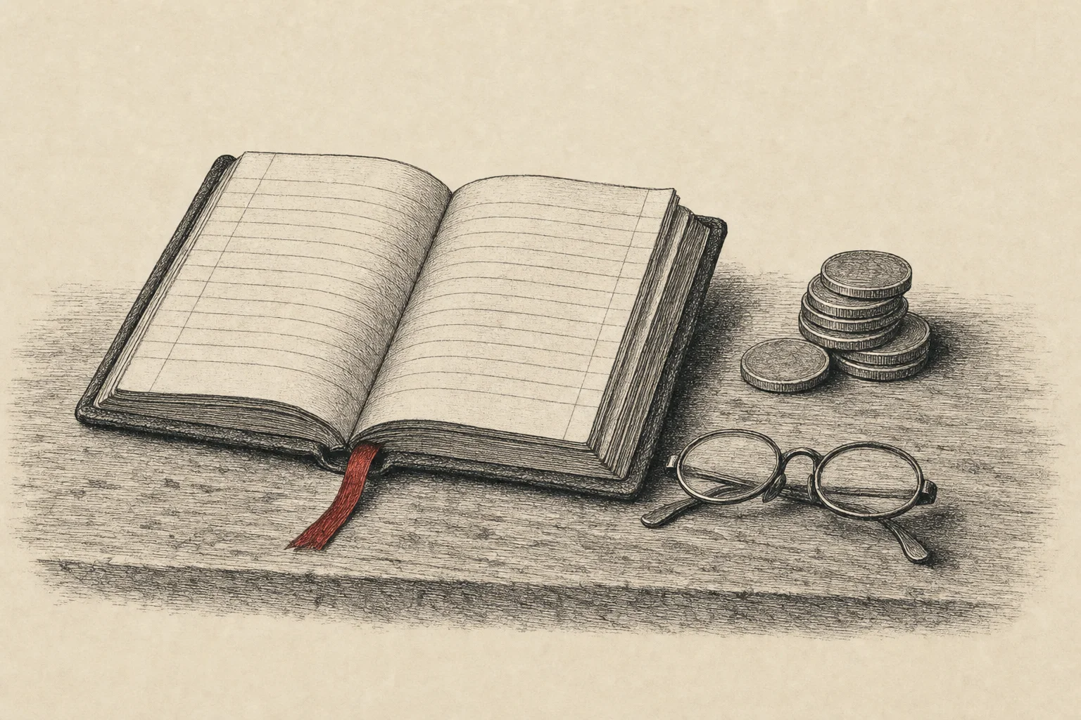 Un livre de comptes ouvert près d'une pile de pièces et d'une paire de lunettes