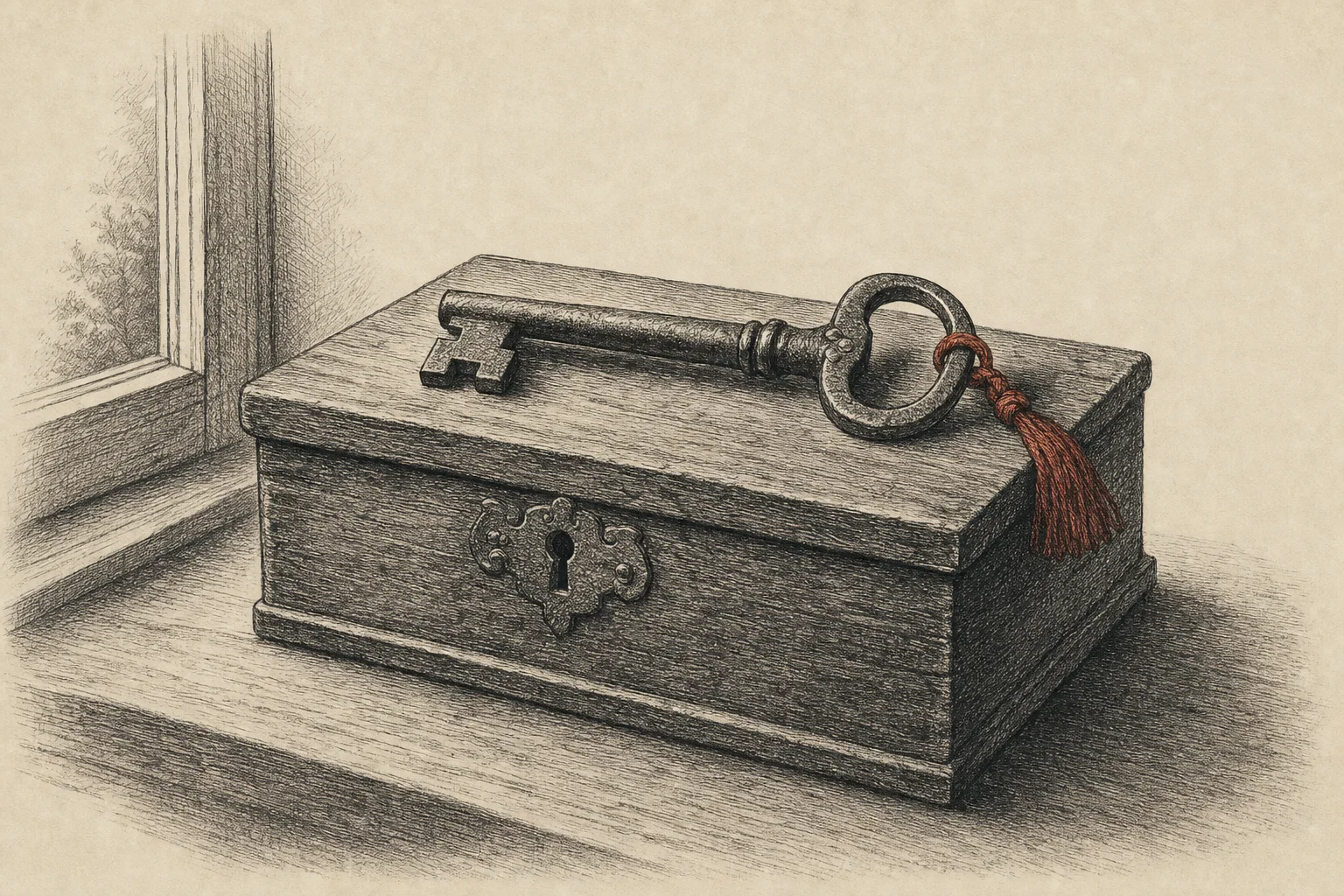 Une clé ancienne posée sur un coffret de bois fermé, près d'une fenêtre