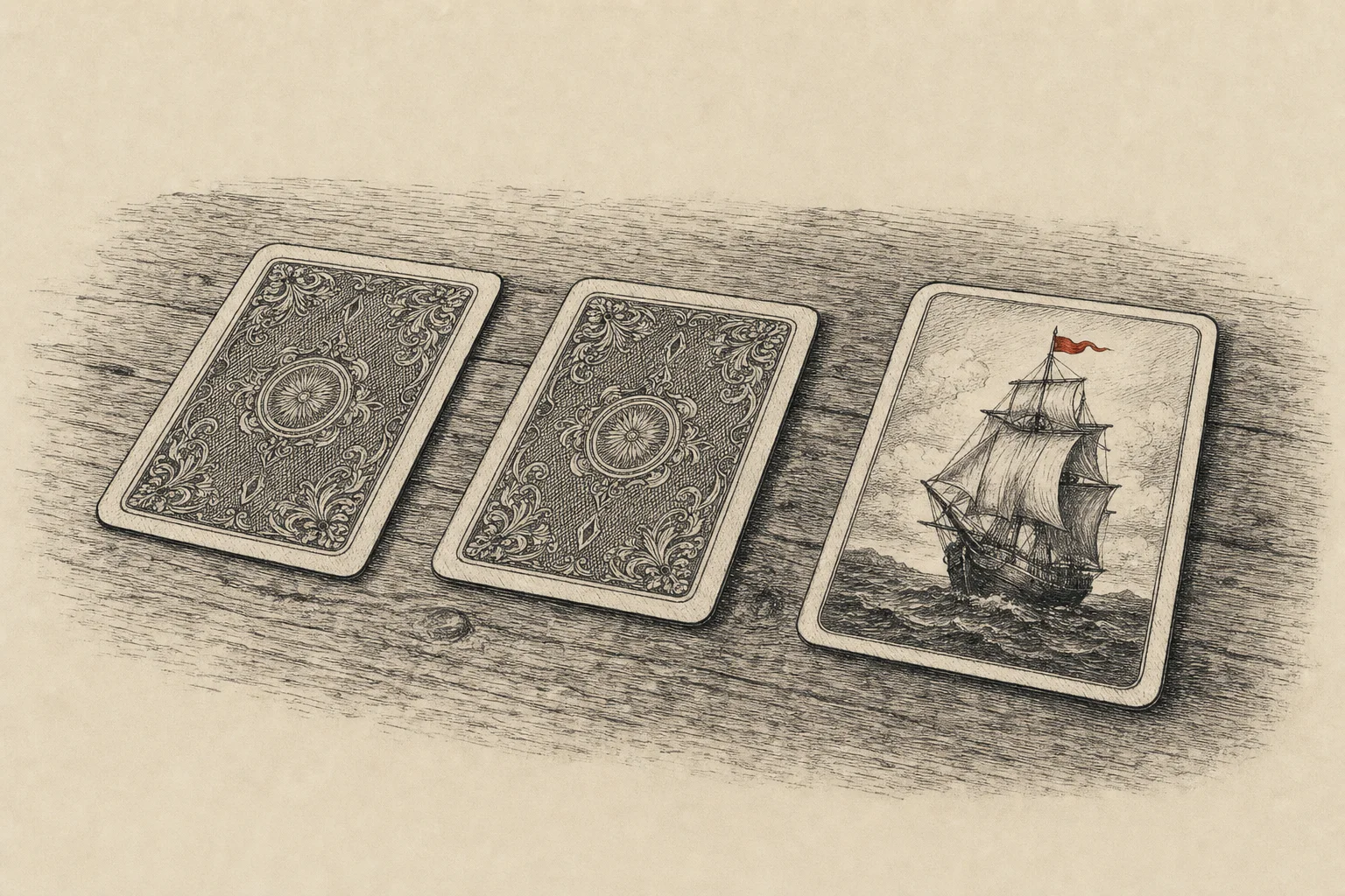 Trois cartes en ligne sur un bureau, la dernière retournée sur un navire