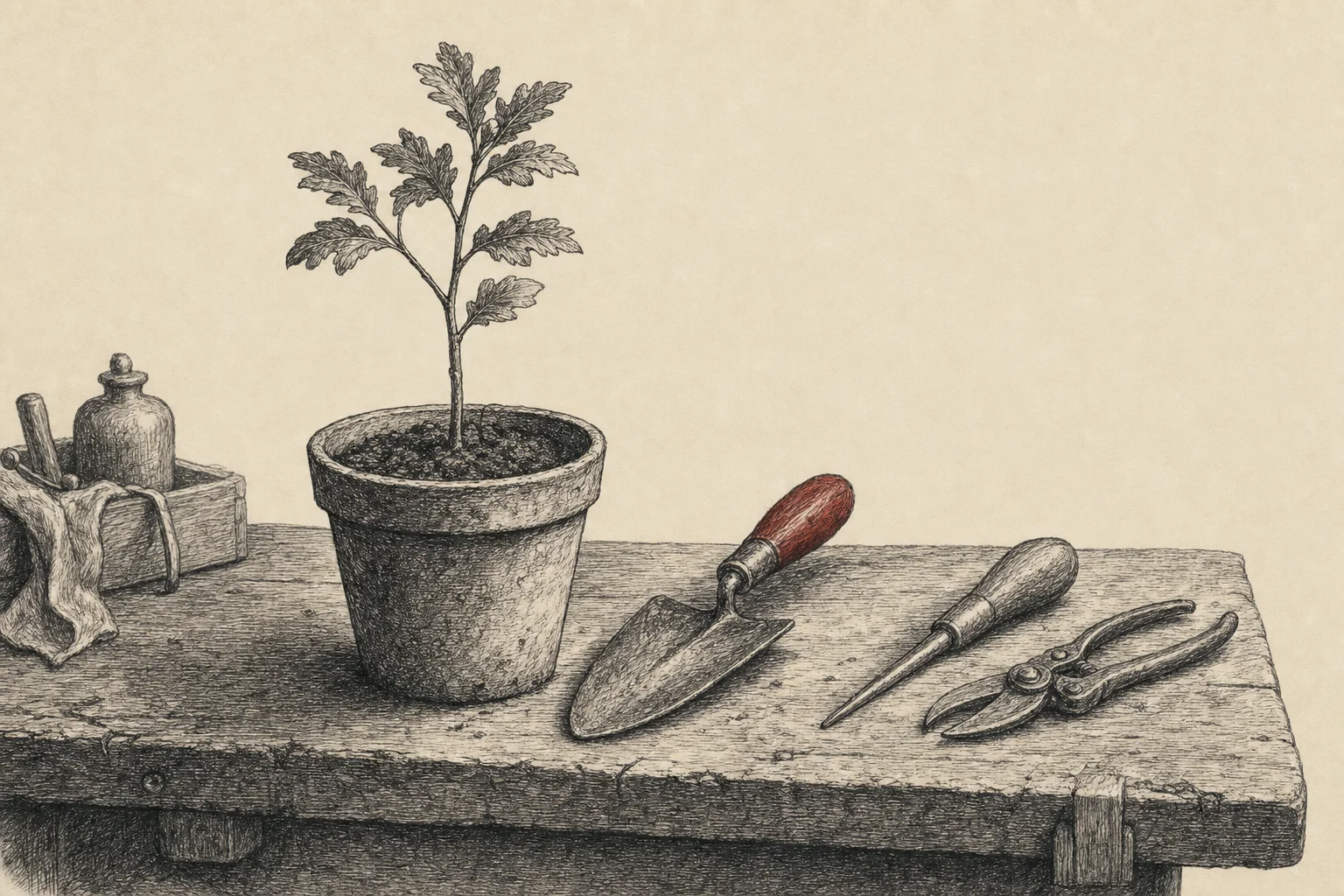 Un jeune arbre en pot sur un établi d'atelier, quelques outils posés à côté