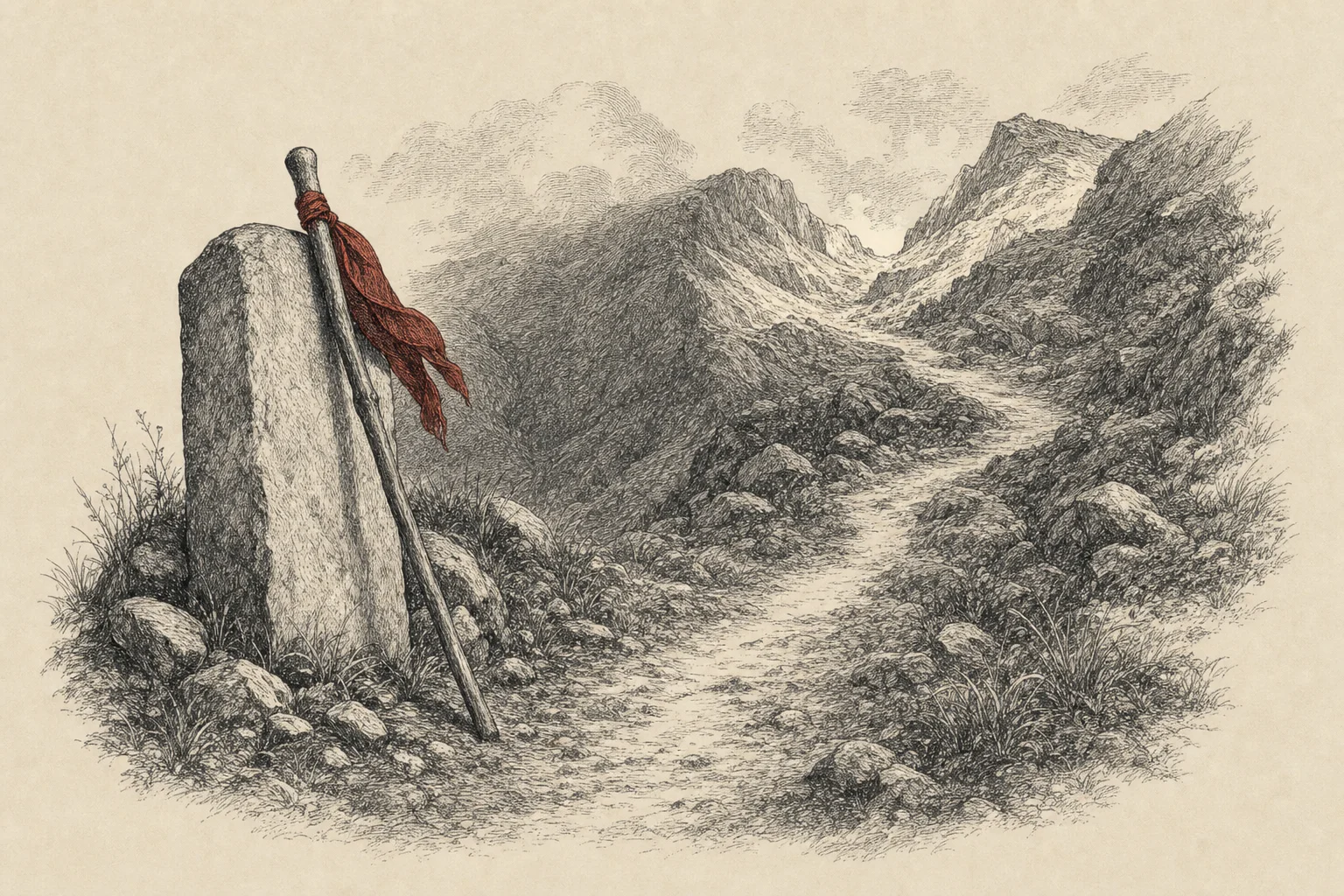 Un sentier de montagne qui monte vers un col ensoleillé, un bâton appuyé contre une borne