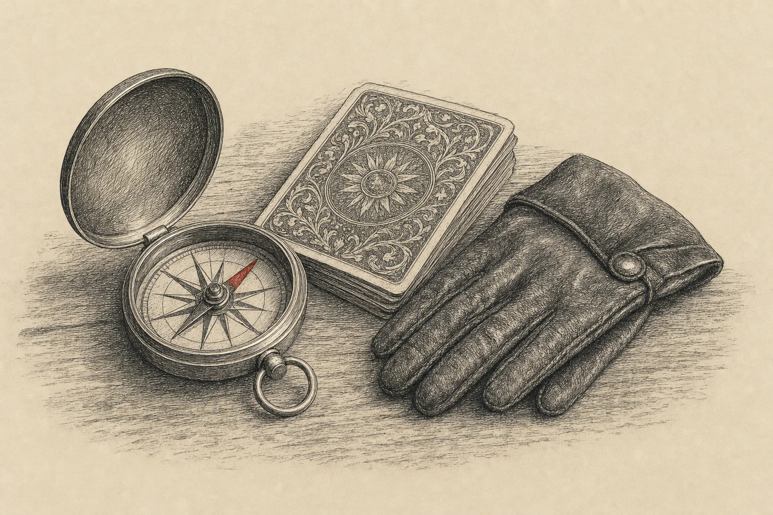 Une boussole ouverte sur une table, à côté d'un petit paquet de cartes et de gants de voyage
