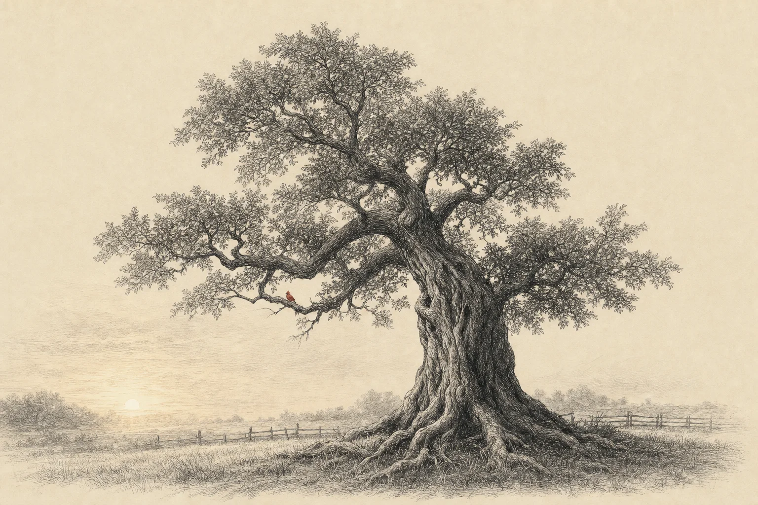 Un vieil arbre seul dans une prairie à l'aube, ses racines visibles à la base