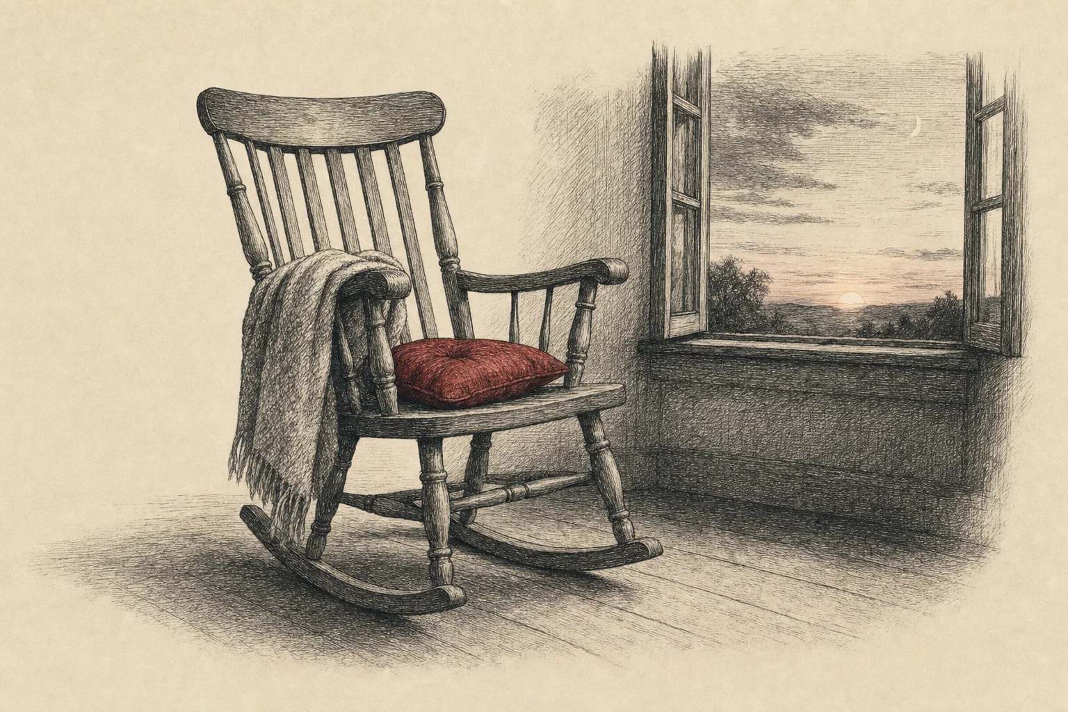 Un fauteuil à bascule près d'une fenêtre ouverte au crépuscule, une couverture pliée sur l'accoudoir