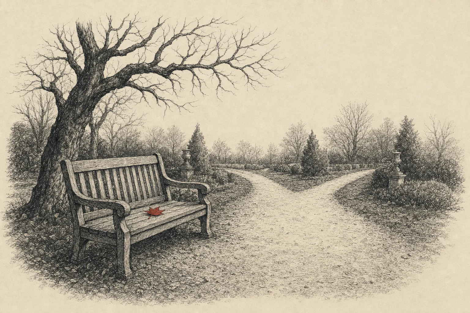 Un banc vide sous un arbre dépouillé, un chemin qui se partage derrière lui