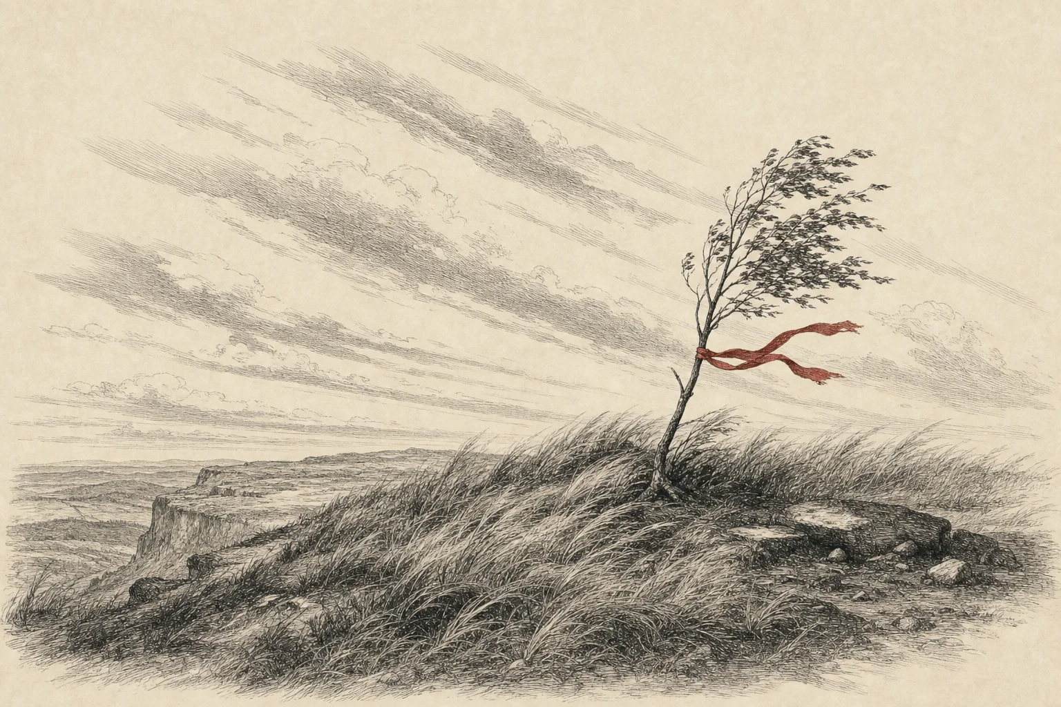 Le vent balaie les hautes herbes d'un plateau sous un ciel immense, un jeune arbre courbé