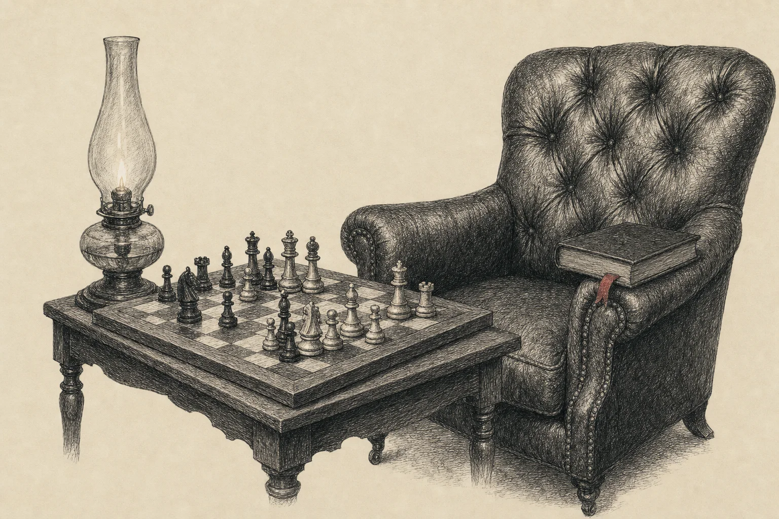 Un échiquier en pleine partie près d'un fauteuil, une lampe presque éteinte et un livre fermé sur l'accoudoir